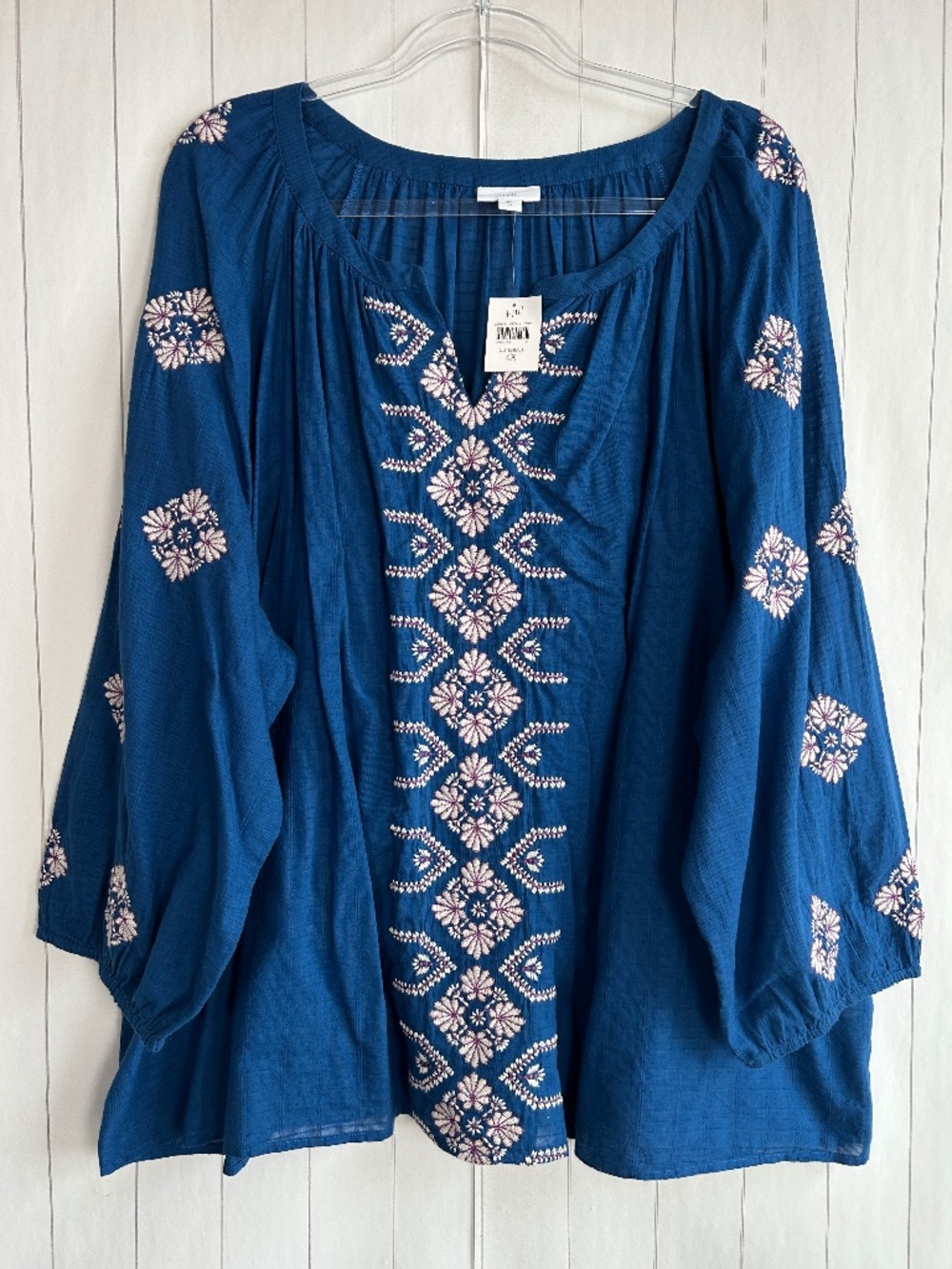 J. Jill plus size 4X long sleeve blouse top boho peasant embroidered cotton blue